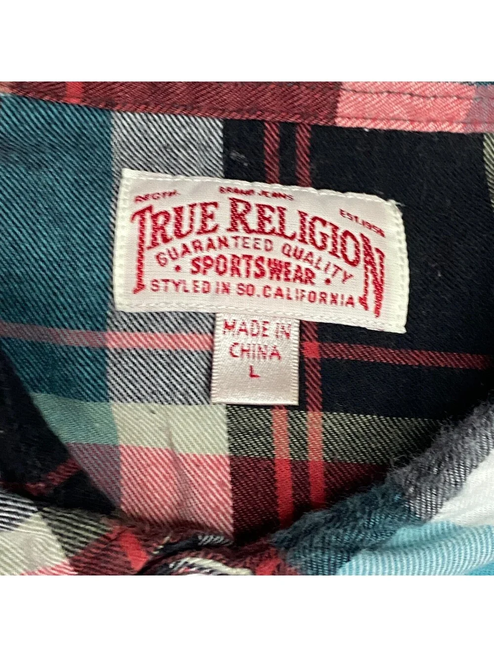 True Religion Sportswear Button Shirt Mens L Plaid Western Flannel Long Sleeve